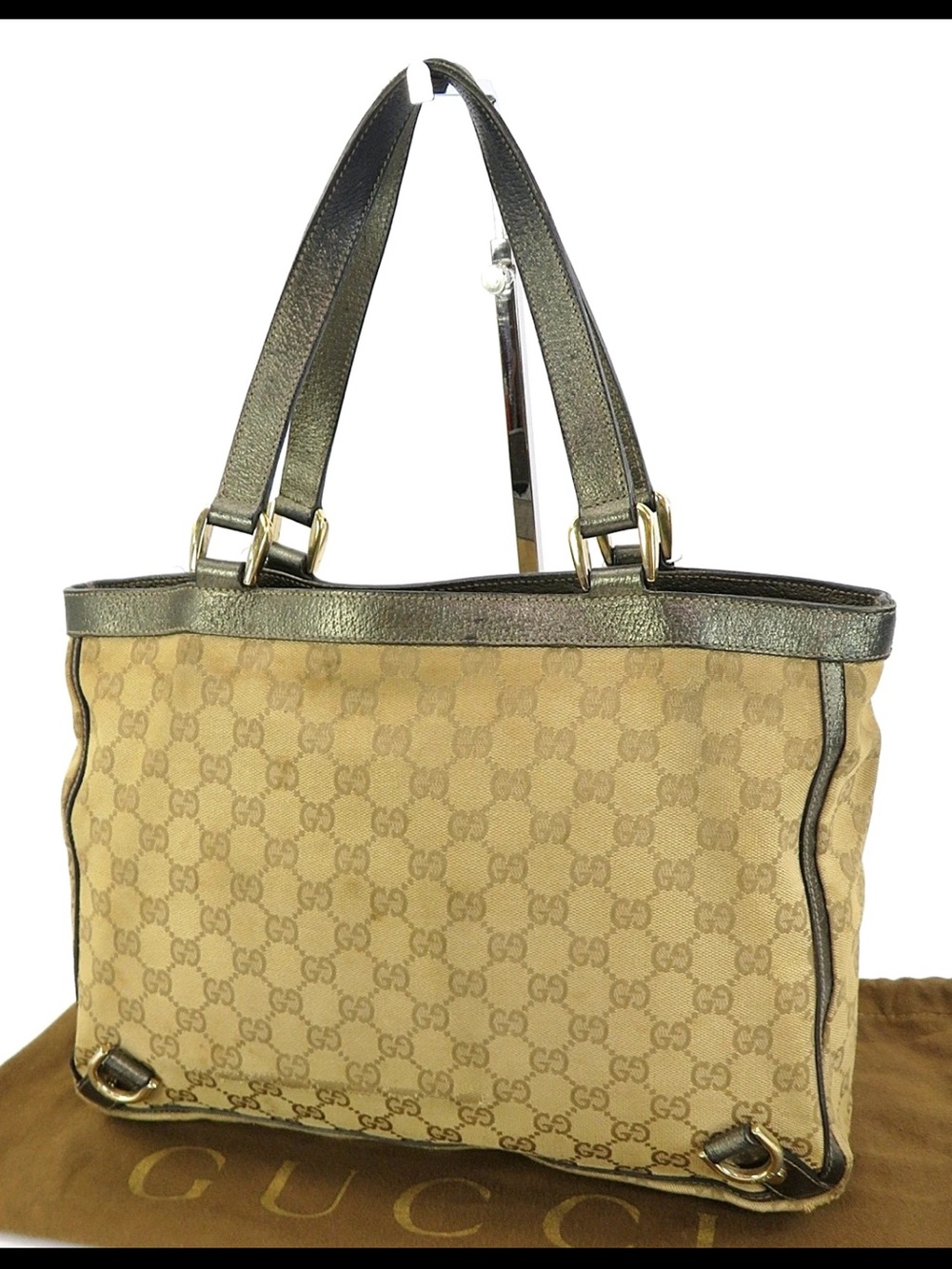 Gucci Tan GG Monogram Tote with Metallic Brown Trim
